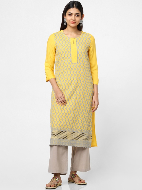 Naari Women Yellow & Grey Embroidered Straight Kurta