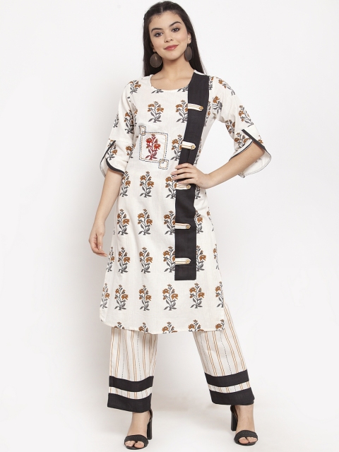 ANAISA Women White & Black Printed Kurti with Trousers