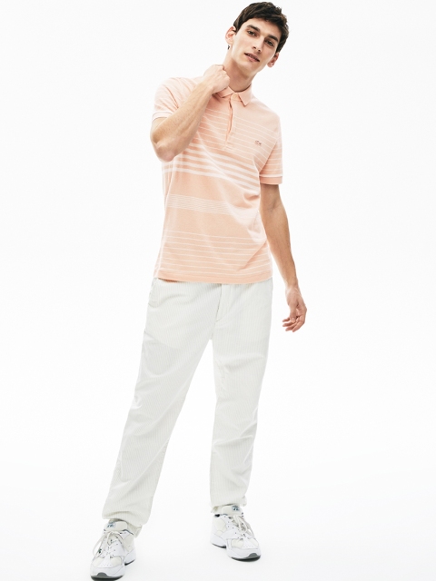Lacoste Men Peach-Coloured & White Striped Polo Collar T-shirt