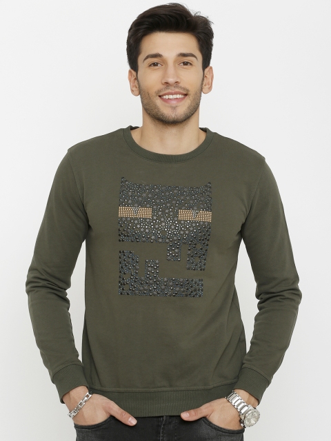 Rex Straut Jeans Men Olive Green Printed Sweatshirt