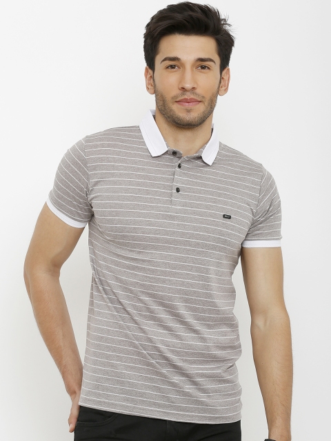 Rex Straut Jeans Men Grey & White Striped Polo Collar T-shirt