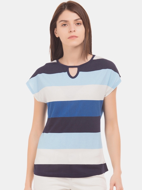 U.S. Polo Assn. Women Navy Blue & White Striped Cotton Blend Top