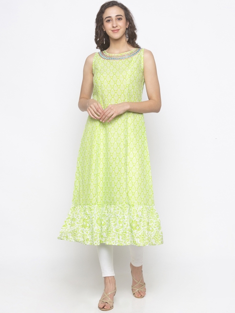 Globus Women Green & White Printed A-Line Kurta