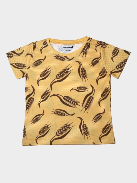 mezmoda Girls Yellow Printed Round Neck T-shirt