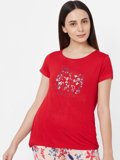 Sweet Dreams Women Red Printed Round Neck Lounge T-shirt