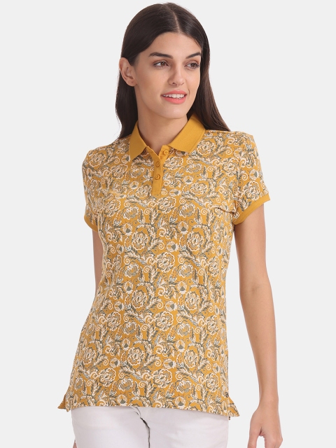 U.S. Polo Assn. Women Yellow & Grey Floral Printed Polo Collar T-shirt