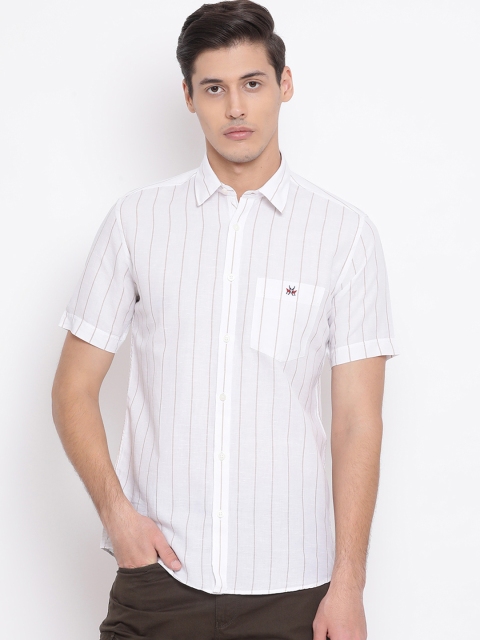Crimsoune Club Men White Slim Fit Striped Linen Casual Shirt
