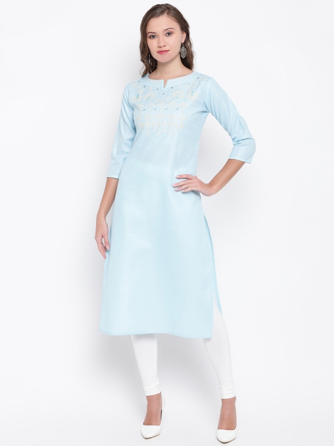 Vbuyz Women Blue Embroidered Mirror Work Straight Kurta