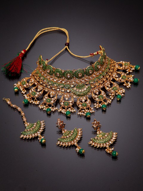 ANIKAS CREATION Green & Gold-Plated Stone Studded Enameled Traditional Bridal Jewellery Set
ANIKAS CREATION Green & Gold-Plated Stone Studded Enameled Traditional Bridal Jewellery Set