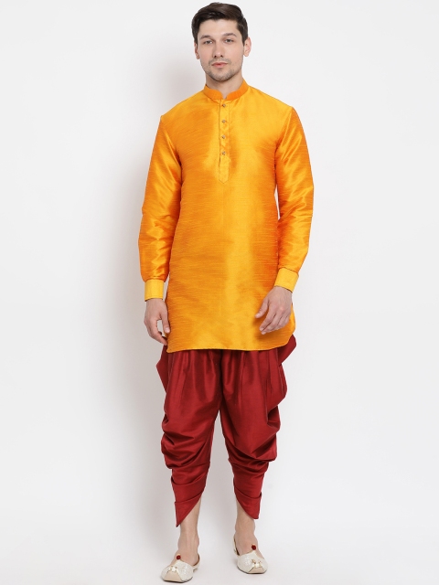 VASTRAMAY Men Orange & Maroon Solid Kurta with Dhoti Pants