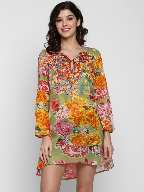 Aditi Wasan Women Yellow & Green Floral Printed Hand Embroidered Tunic