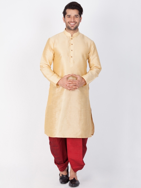 VASTRAMAY Men Gold & Red Solid Kurta with Dhoti Pants