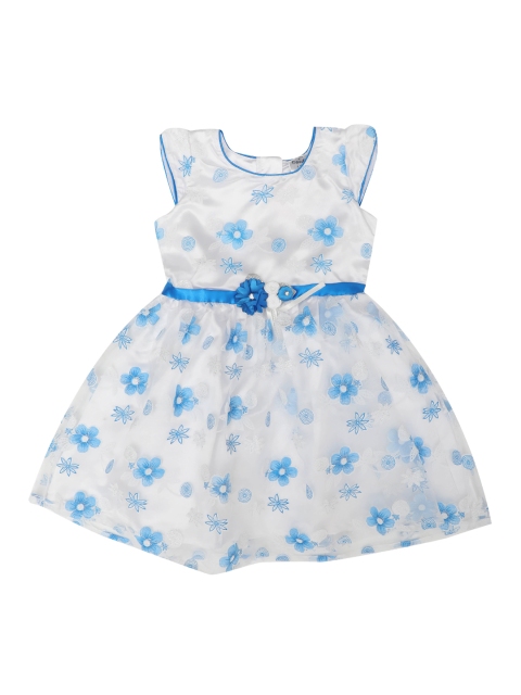 Doodle Girls White & Blue Floral Printed Fit and Flare Dress