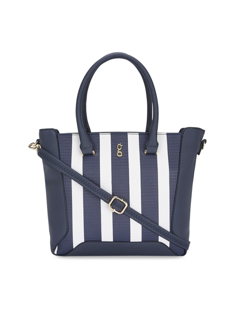 Global Desi Women Navy Blue & White Striped Handheld Bag
