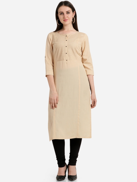 Kvsfab Women Cream-Coloured Embroidered Straight Kurta