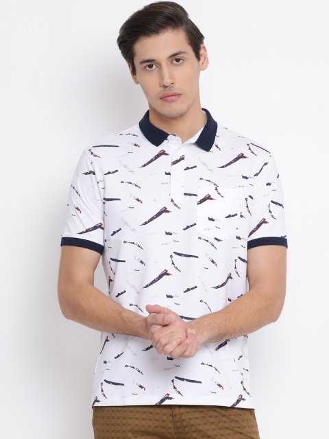 Crimsoune Club Men White & Navy Blue Printed Polo Collar T-shirt