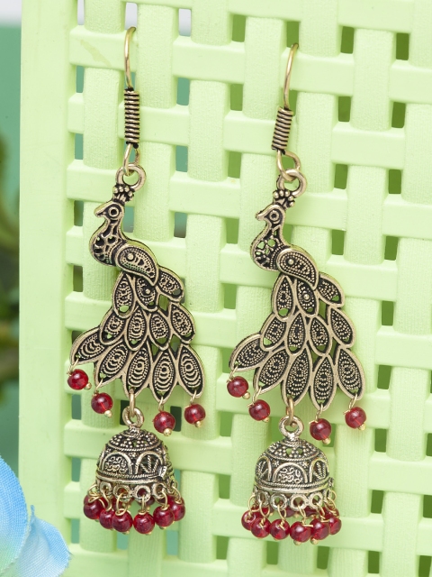 Stoln Gold-Toned & Red Peacock Shaped Jhumkas