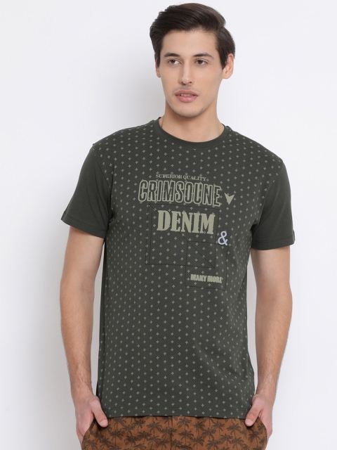 Crimsoune Club Men Olive Green Printed Round Neck T-shirt
