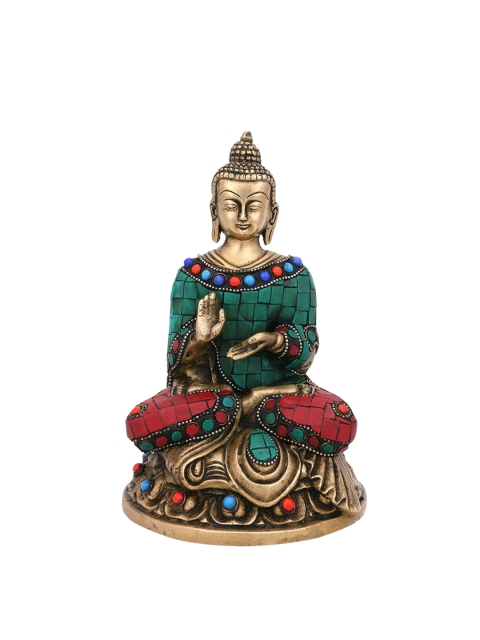CraftVatika Gold-Toned & Green Dharmachakra Buddha Brass Showpiece