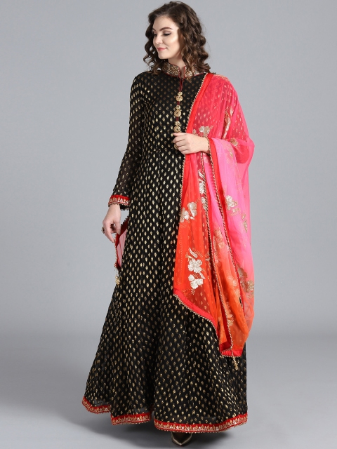 Chhabra 555 Women Black & Peach-Coloured Self Design Kurta with Churidar & Dupatta