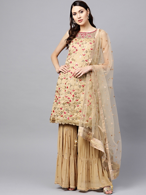 Chhabra 555 Women Beige & Gold-Coloured Embroidered Kurta with Sharara & Dupatta