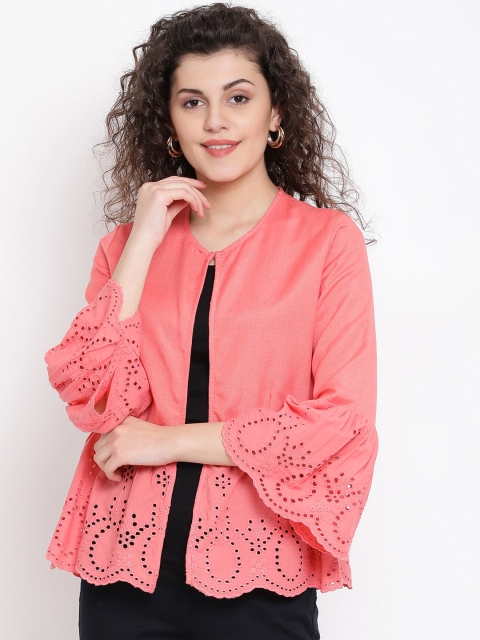 Oxolloxo Women Coral Solid Open Front Shrug