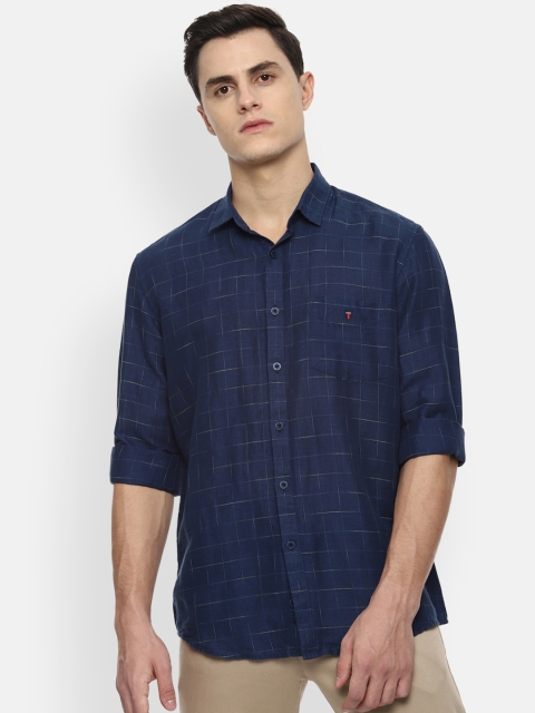 Louis Philippe Sport Men Navy Blue & Yellow Slim Fit Checked Casual Shirt