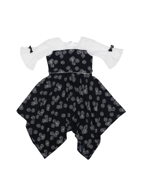 Doodle Girls Navy Blue Printed Fit and Flare Dress