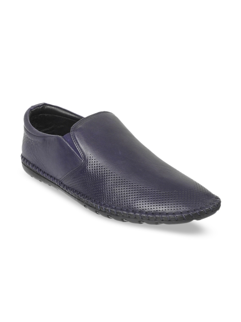 Metro Men Blue Solid Leather Formal Slip-Ons