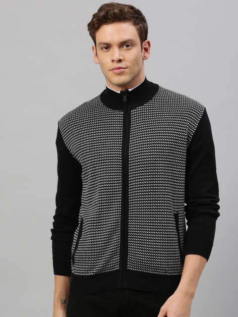 RARE RABBIT Men Black Printed & White Front-Open Sweater