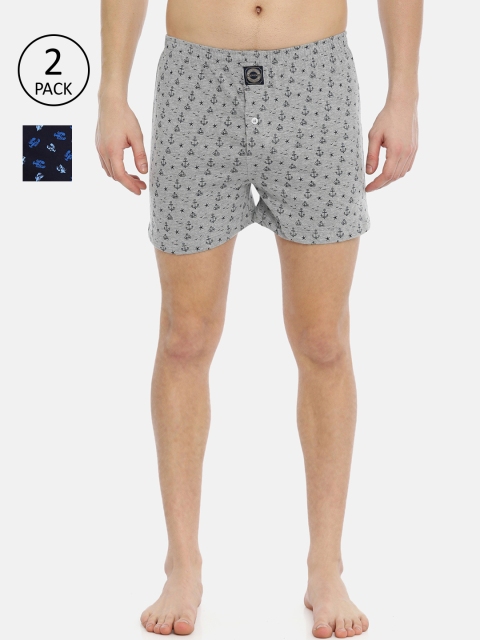 Joven Men Pack of 2 Navy Blue & Grey Printed Knitted Pure Cotton Boxers
