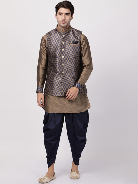 VASTRAMAY Men Bronze-Coloured & Navy Blue Self Design Kurta with Dhoti Pants