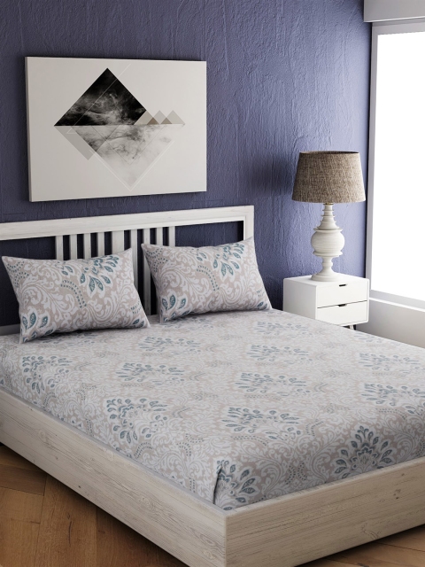 EverHOME White & Grey Floral 300 TC Cotton 1 King Bedsheet with 2 Pillow Covers