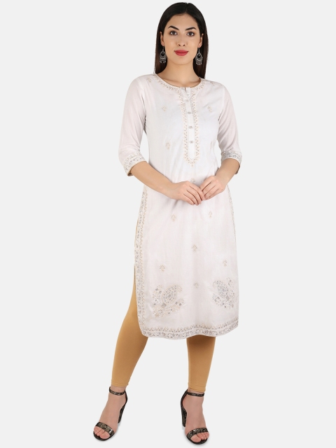 Laabha Women White Embroidered Straight Kurta