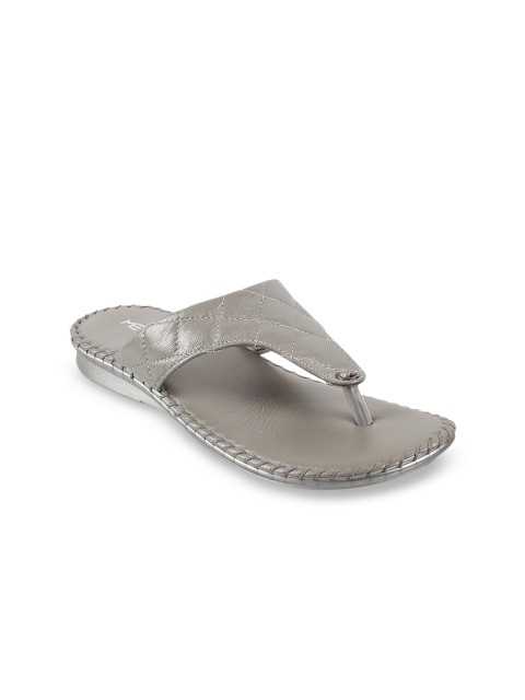 Metro Women Silver-Toned Solid Leather Open Toe Flats