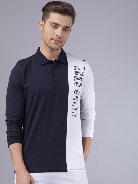 Ecko Unltd Men Navy Blue & White Colourblocked Polo Collar T-shirt
