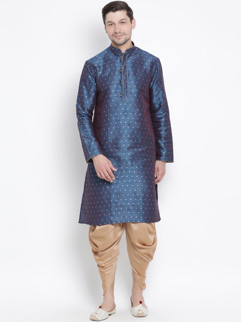 VASTRAMAY Men Blue & Beige Self Design Kurta with Dhoti Pants
