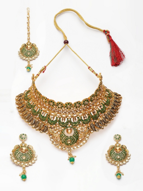 ANIKAS CREATION Gold-Plated Beige & Green Kundan-Studded Enamelled Bridal Look Choker Jewellery Set
ANIKAS CREATION Gold-Plated Beige & Green Kundan-Studded Enamelled Bridal Look Choker Jewellery Set