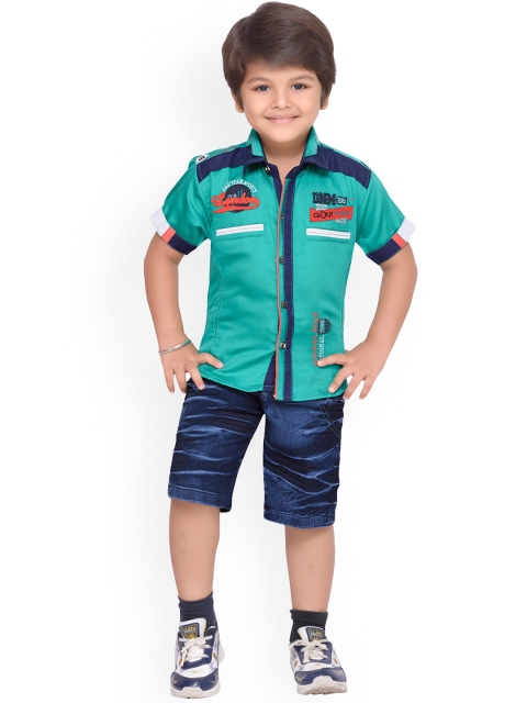 Kidling Boys Green & Blue Printed Shirt with Shorts