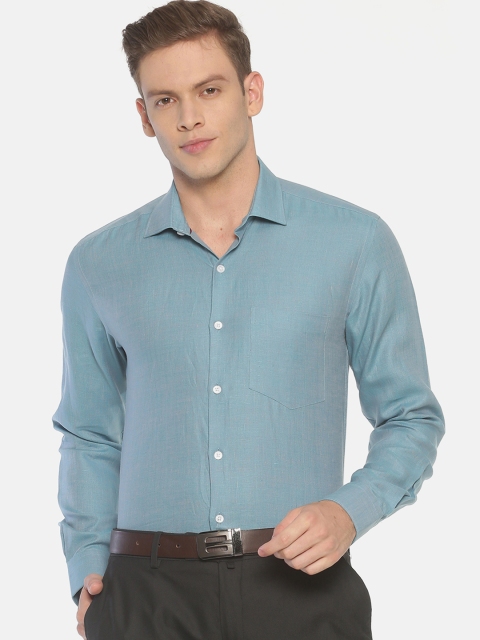 Linen Club Men Teal Green Regular Fit Self Design Linen Formal Shirt