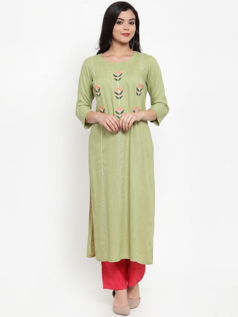 Aujjessa Women Olive Green Embroidered Straight Kurta