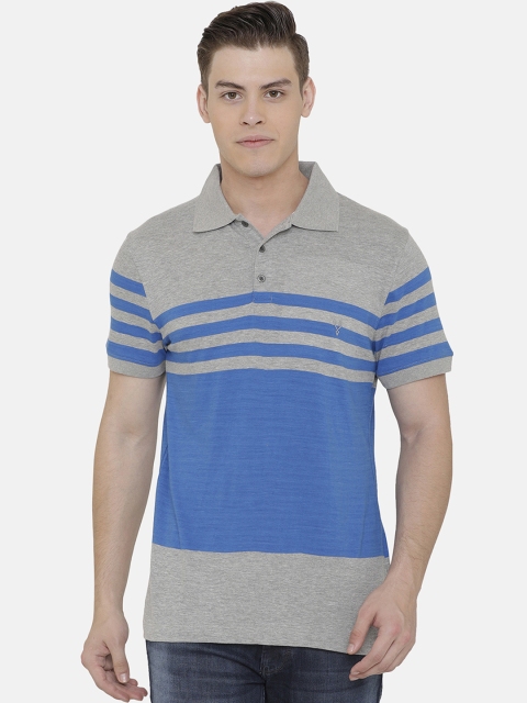 VUDU Men Grey & Blue Striped Polo Collar T-shirt