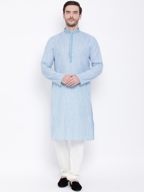 Lakshya by Manish Men Blue & White Striped Kurta with Pyjamas
