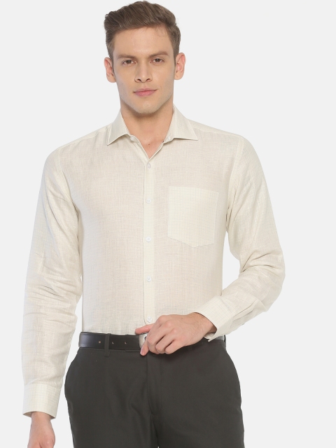 Linen Club Men Off-White & Blue Regular Fit Checked Formal Linen Shirt