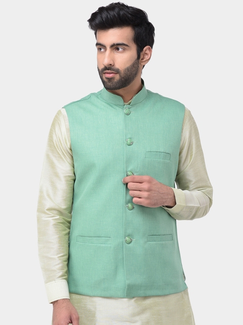 SG LEMAN Men Green Solid Woven Nehru Jacket