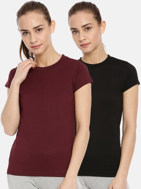 Macrowoman W-Series Women Pack of 2 Black & Burgundy Solid Round Neck T-shirt