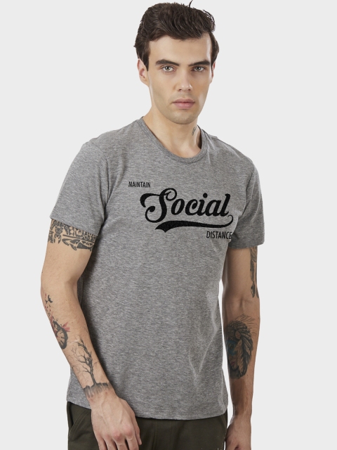Free Authority Men Grey Printed Round Neck T-shirt