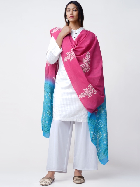 Unnati Silks Pink & Blue Printed Cotton Dupatta