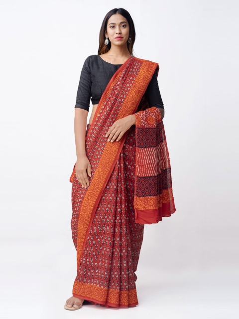 Unnati Silks Red Napthol Printed Rajasthani Art Silk Handloom Saree
