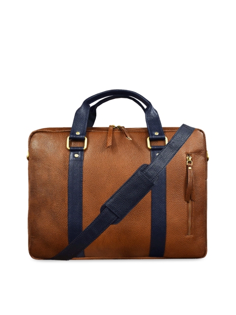 ABYS Unisex Tan Brown & Blue Solid 15 Inch Genuine Leather Laptop Bag